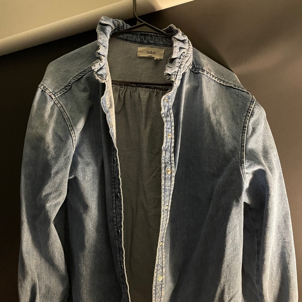 ba&sh Blue Jean Jacket with Ruffle Collar